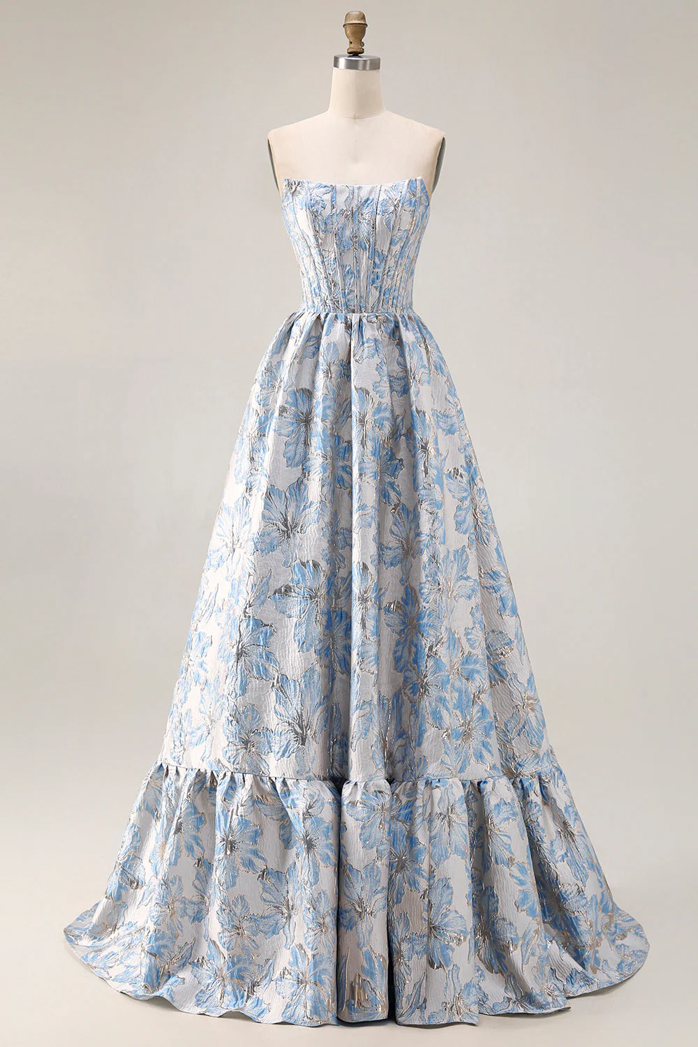 Off The Shoulder Light Blue A-Line Jacquard Convertible Long Prom Dress - Image 3