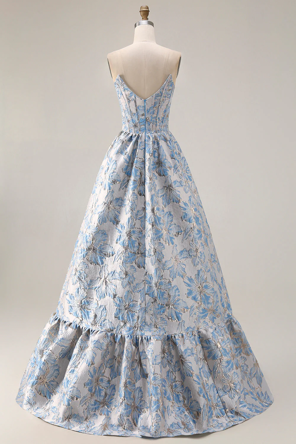Off The Shoulder Light Blue A-Line Jacquard Convertible Long Prom Dress - Image 4