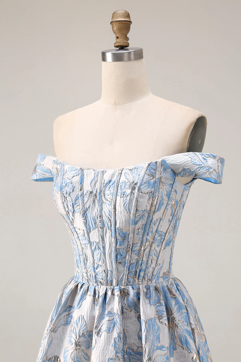 Off The Shoulder Light Blue A-Line Jacquard Convertible Long Prom Dress - Image 5