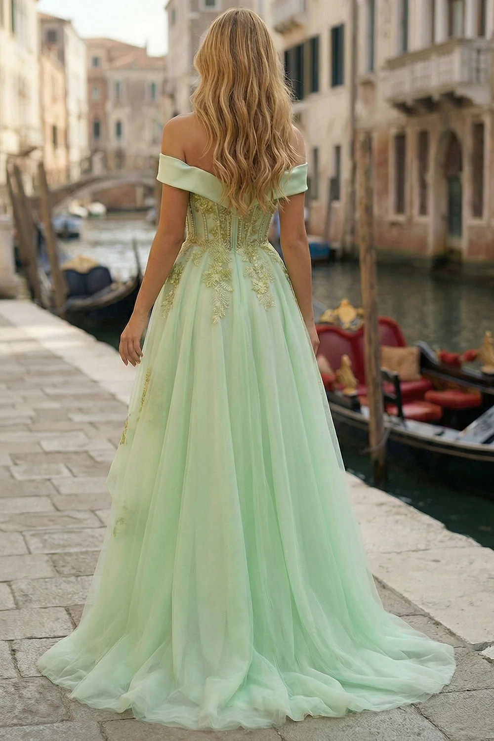 Off The Shoulder Light Green Corset A-Line High-Low Prom Dress with Beading - Image 2