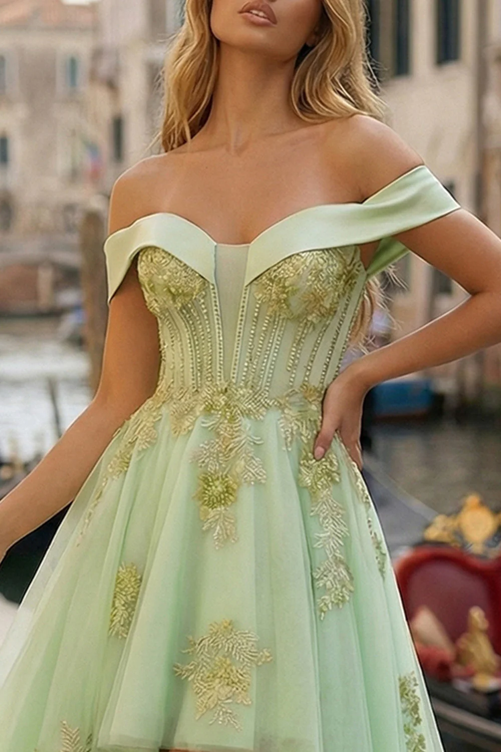 Off The Shoulder Light Green Corset A-Line High-Low Prom Dress with Beading - Image 4