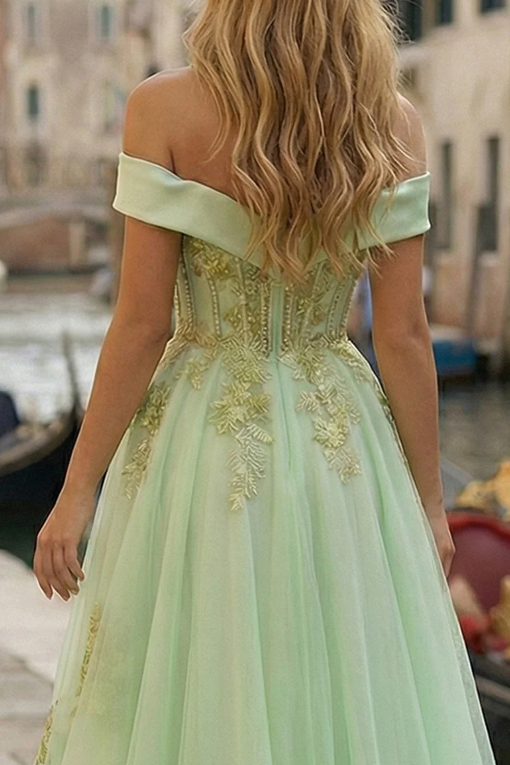 Off The Shoulder Light Green Corset A-Line High-Low Prom Dress with Beading - Image 5