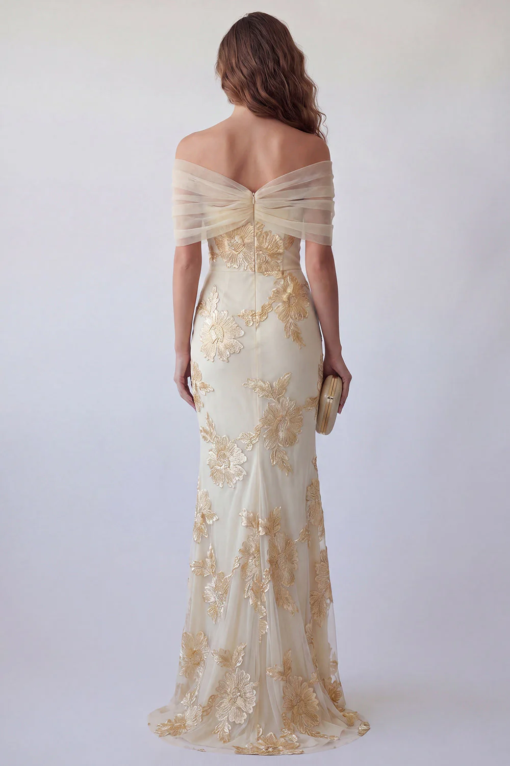 Light Yellow Off The Shoulder Embroidered Mermaid Floral Dress with Slit - Image 2