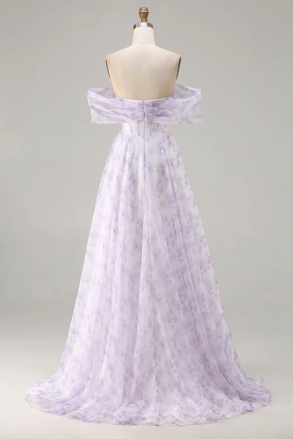Off the Shoulder Lilac A Line Corset Print Floral Long Prom Dress with Slit - Image 2