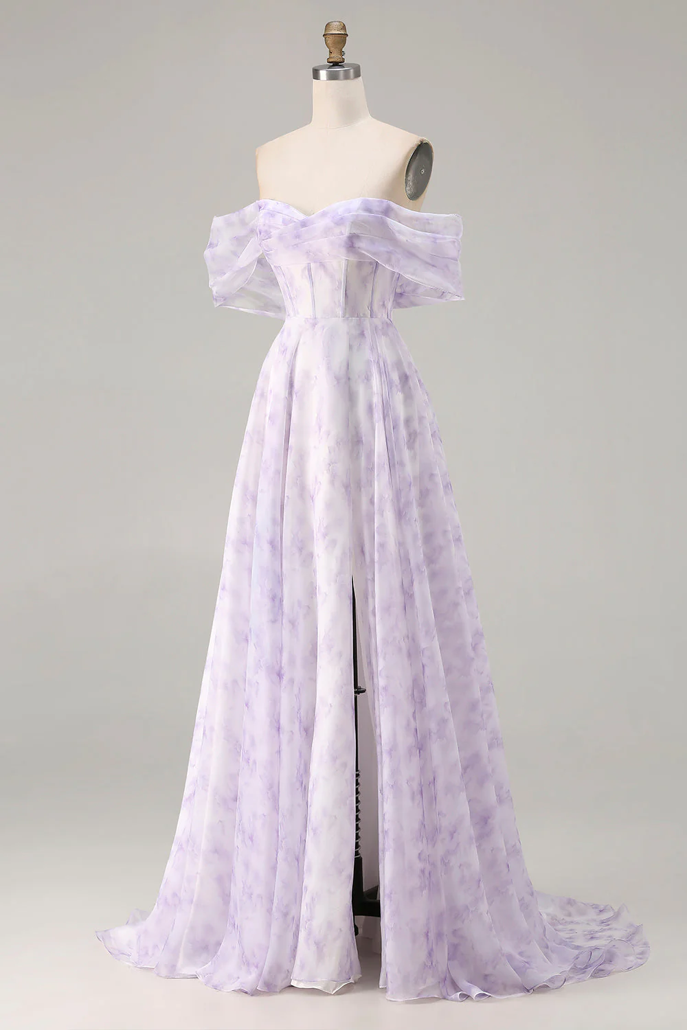 Off the Shoulder Lilac A Line Corset Print Floral Long Prom Dress with Slit - Image 3