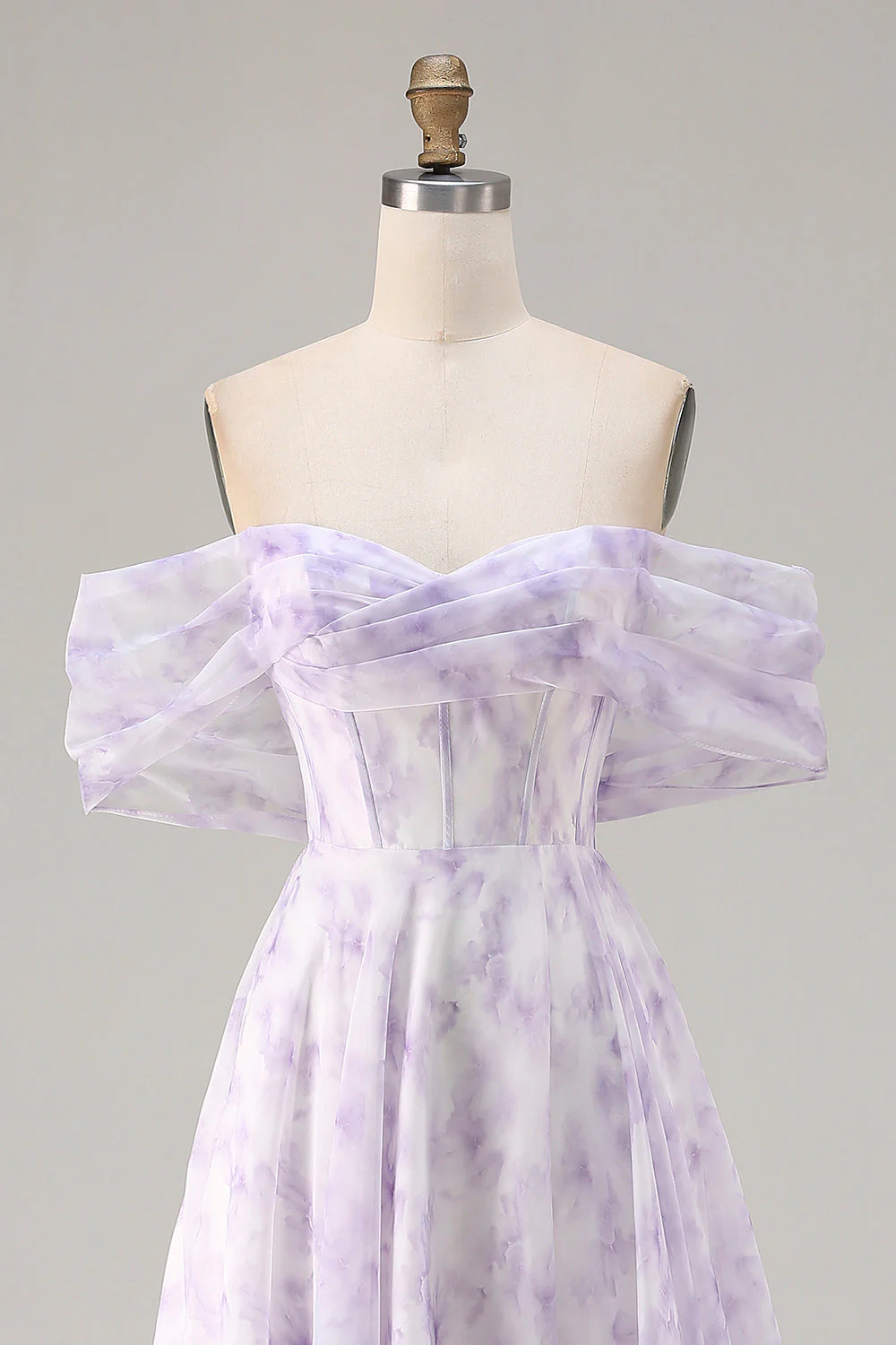 Off the Shoulder Lilac A Line Corset Print Floral Long Prom Dress with Slit - Image 4