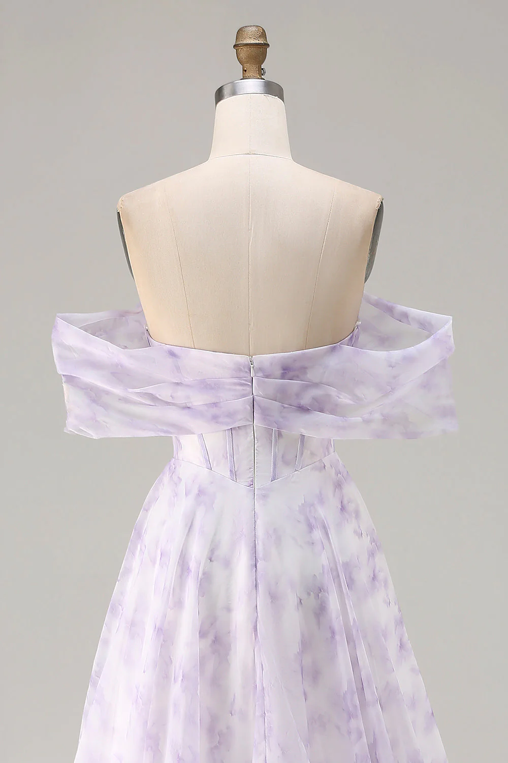 Off the Shoulder Lilac A Line Corset Print Floral Long Prom Dress with Slit - Image 5
