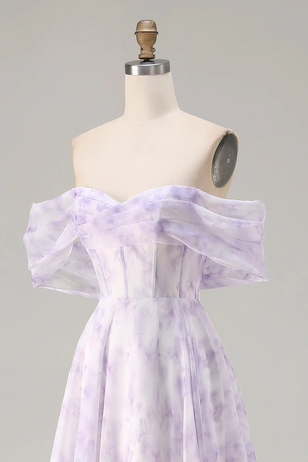 Off the Shoulder Lilac A Line Corset Print Floral Long Prom Dress with Slit - Image 6