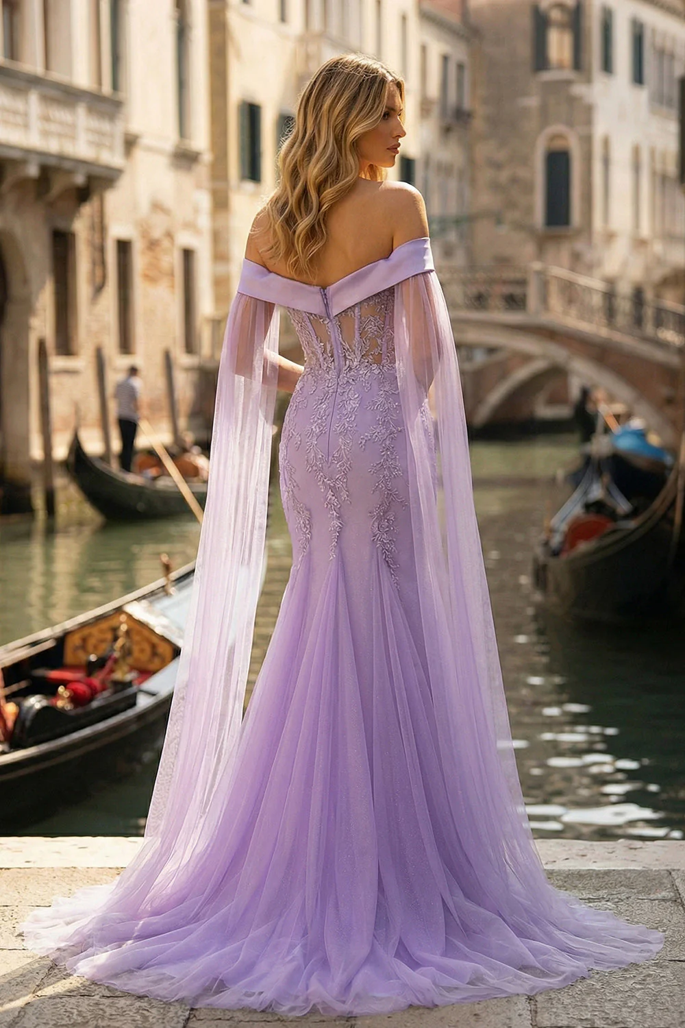 Off The Shoulder Lilac Mermaid Embroidered Long Prom Dress with Slit - Image 2