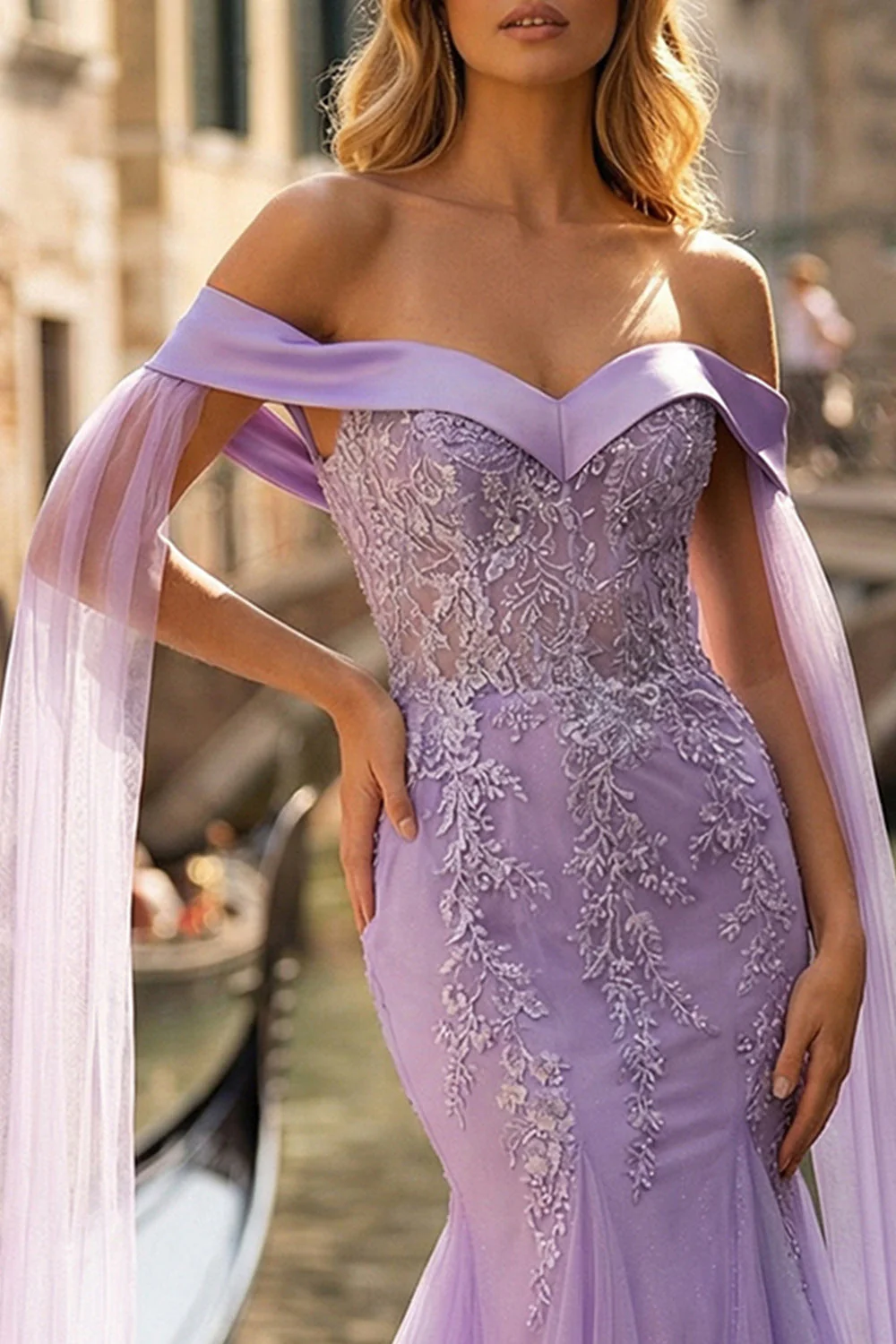 Off The Shoulder Lilac Mermaid Embroidered Long Prom Dress with Slit - Image 3