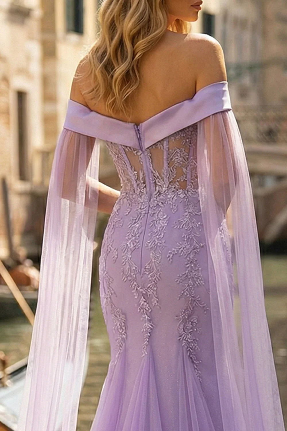 Off The Shoulder Lilac Mermaid Embroidered Long Prom Dress with Slit - Image 4