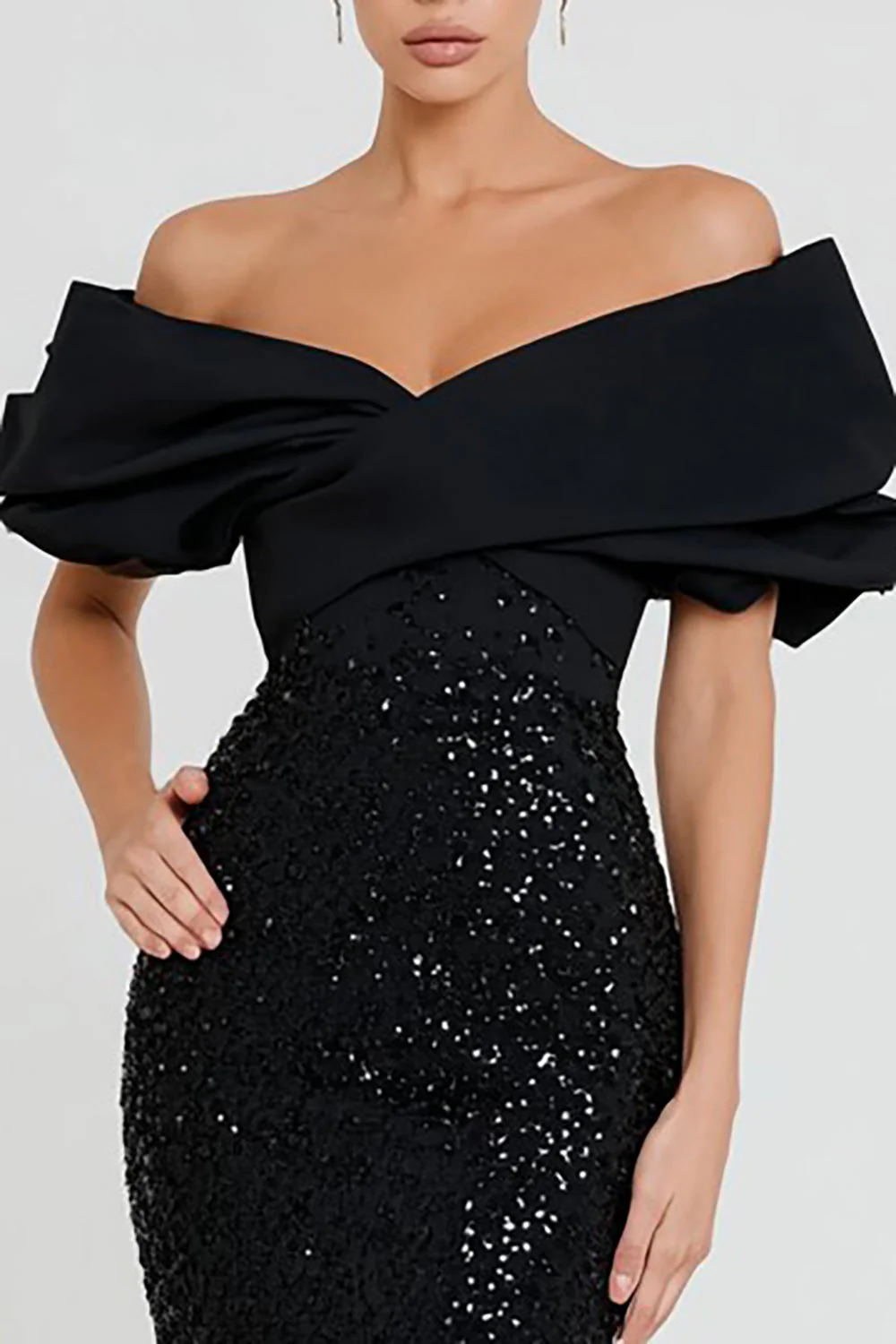 Off the Shoulder Mermaid Black Sequin Long Evening Dress - Image 2