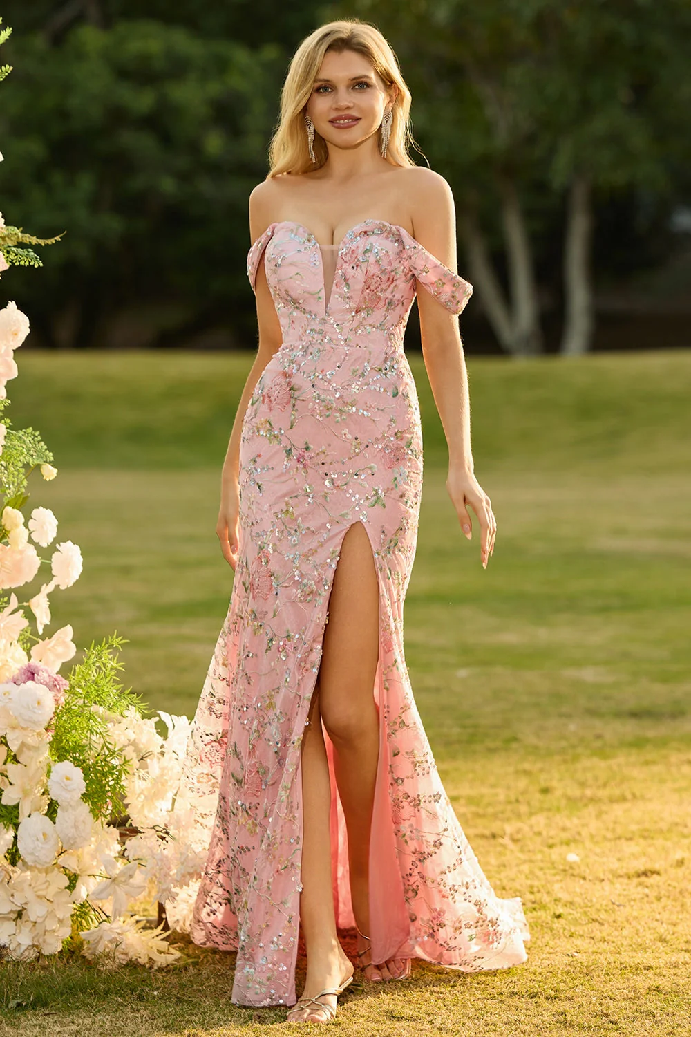 Off The Shoulder Blush Sequins Mermaid Long Prom Dress with Slit - Image 7