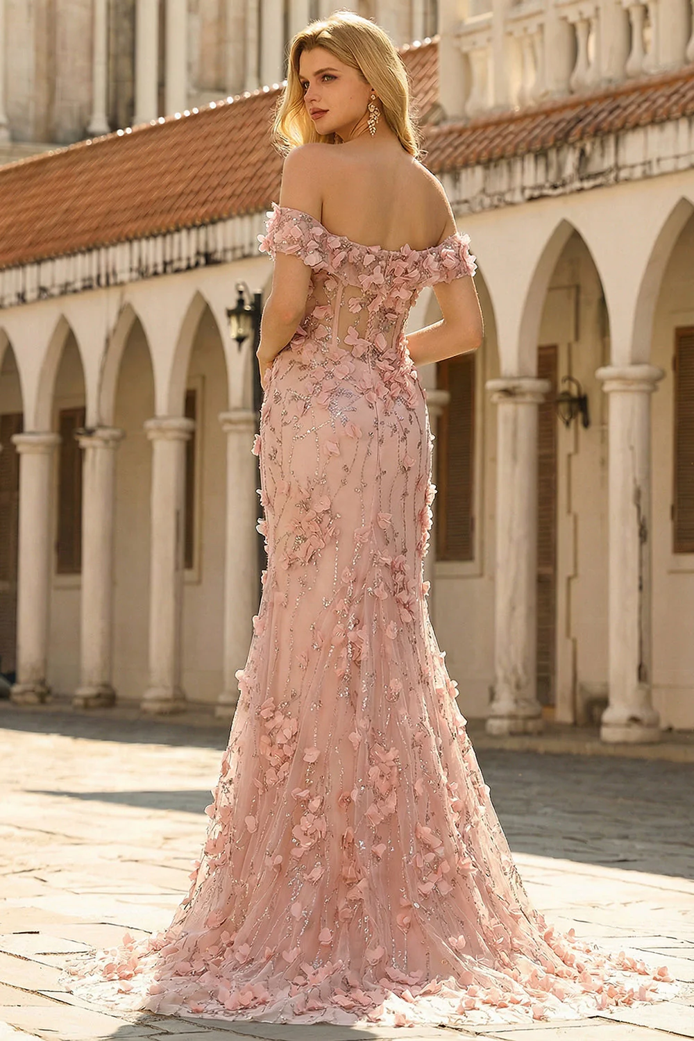 Off The Shoulder Mermaid Blush Side Slit Long Prom Dress with 3D Flowers - Image 2