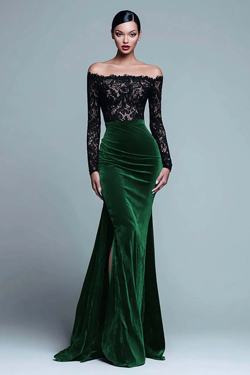 Off The Shoulder Mermaid Lace Velvet Black Tie Dress With Slit - Image 2