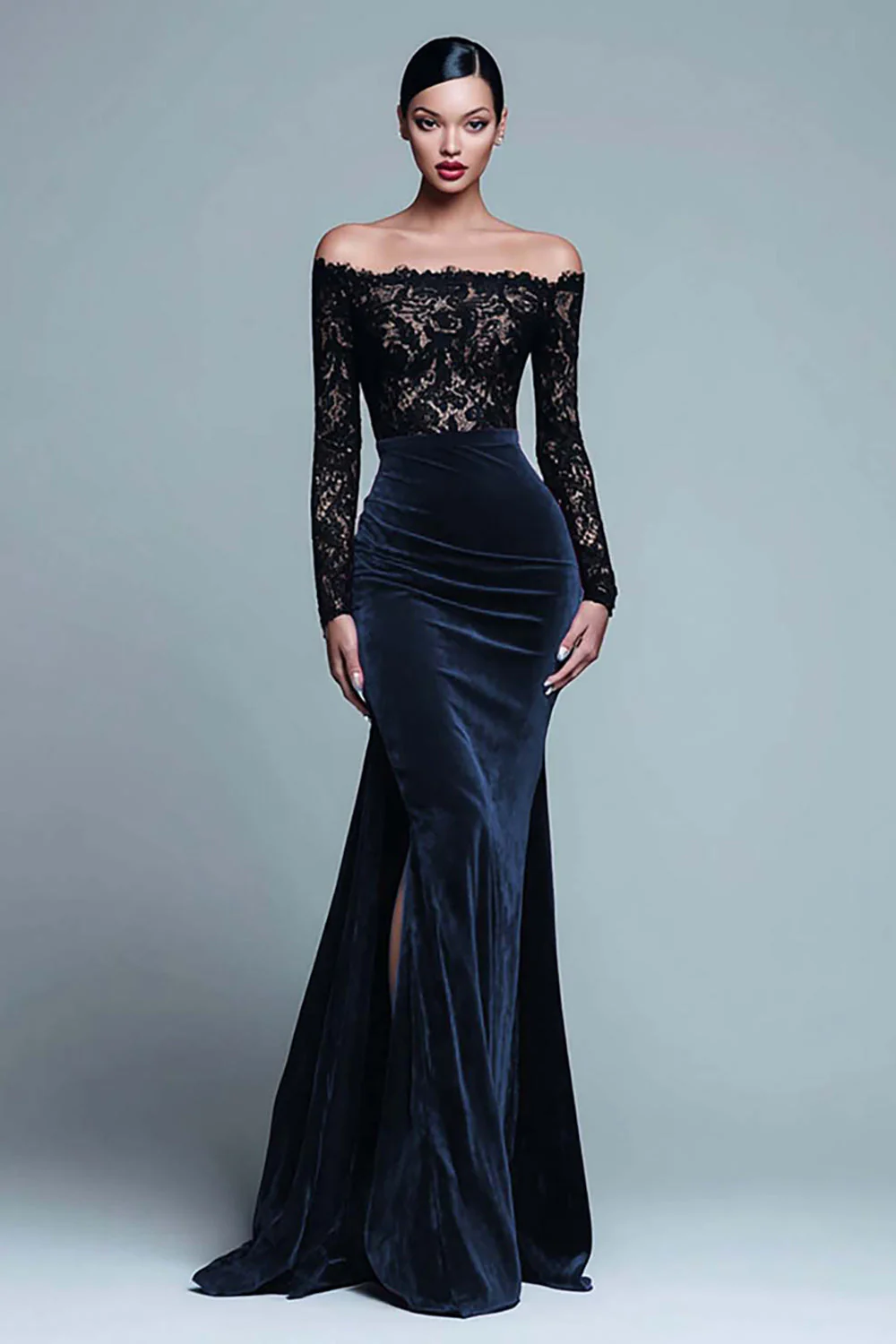Off The Shoulder Mermaid Lace Velvet Black Tie Dress With Slit - Image 3