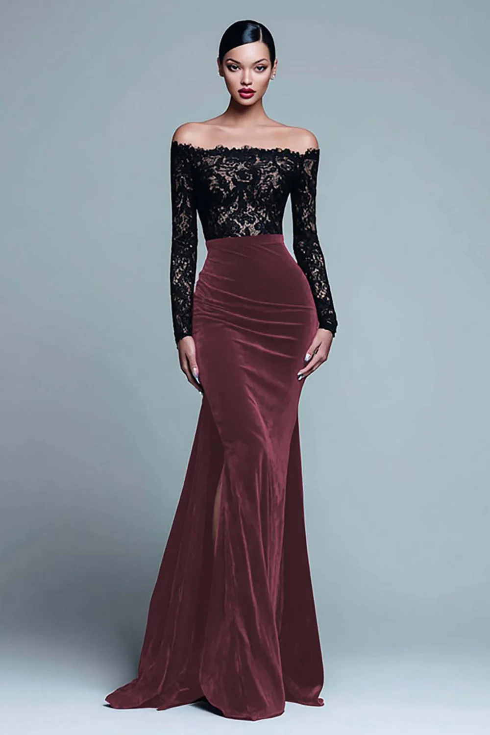 Off The Shoulder Mermaid Lace Velvet Black Tie Dress With Slit - Image 4