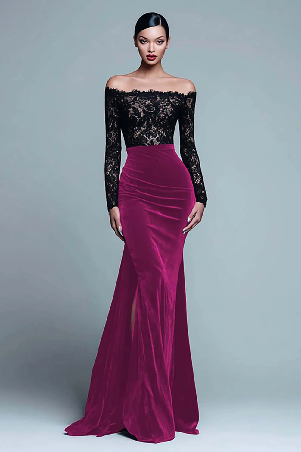 Off The Shoulder Mermaid Lace Velvet Black Tie Dress With Slit - Image 5