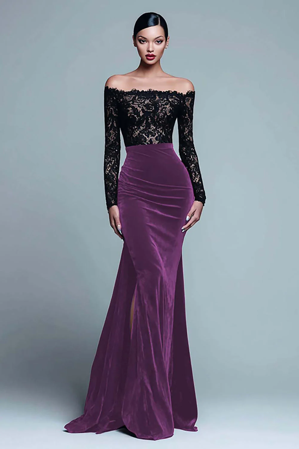 Off The Shoulder Mermaid Lace Velvet Black Tie Dress With Slit - Image 6