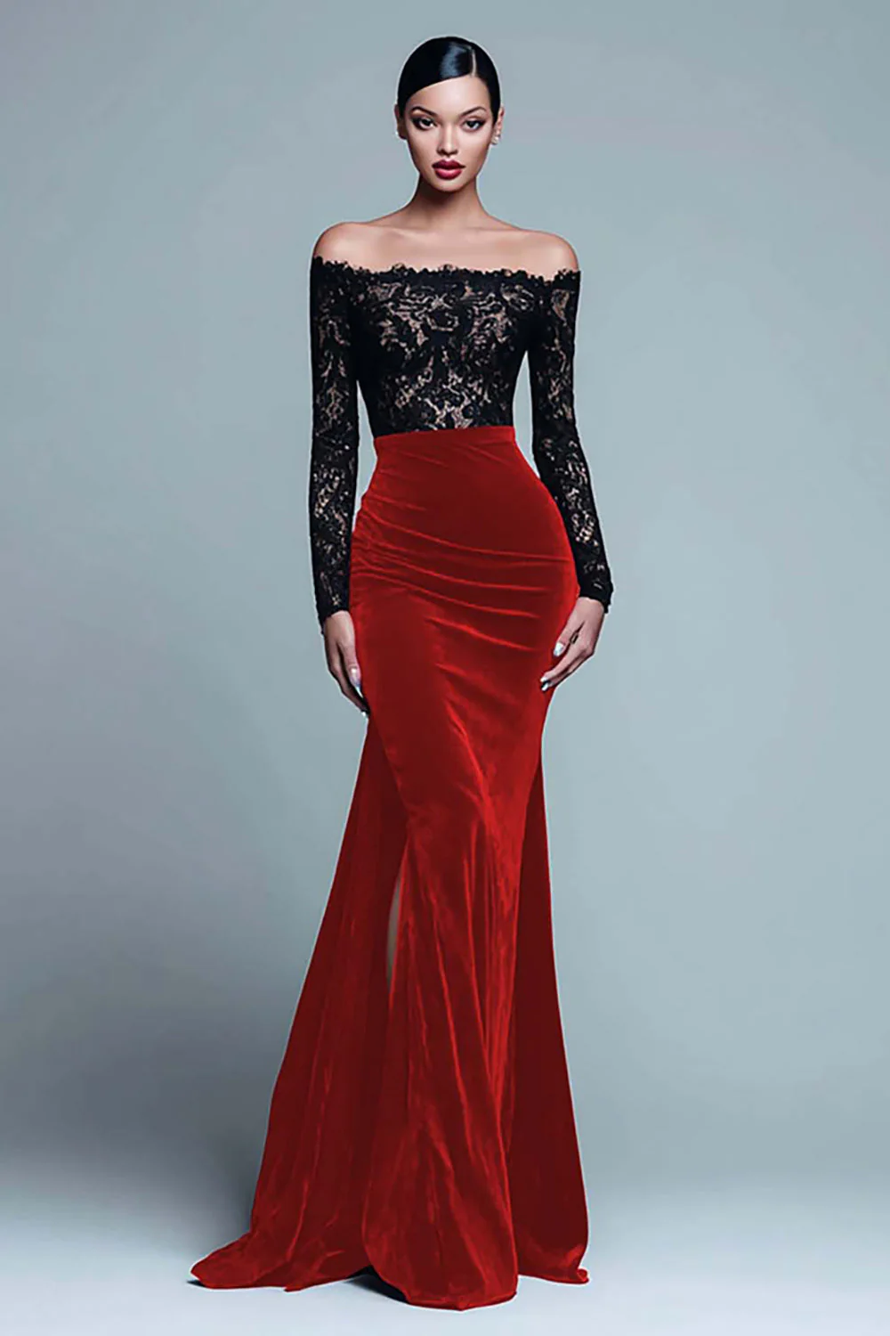 Off The Shoulder Mermaid Lace Velvet Black Tie Dress With Slit - Image 7