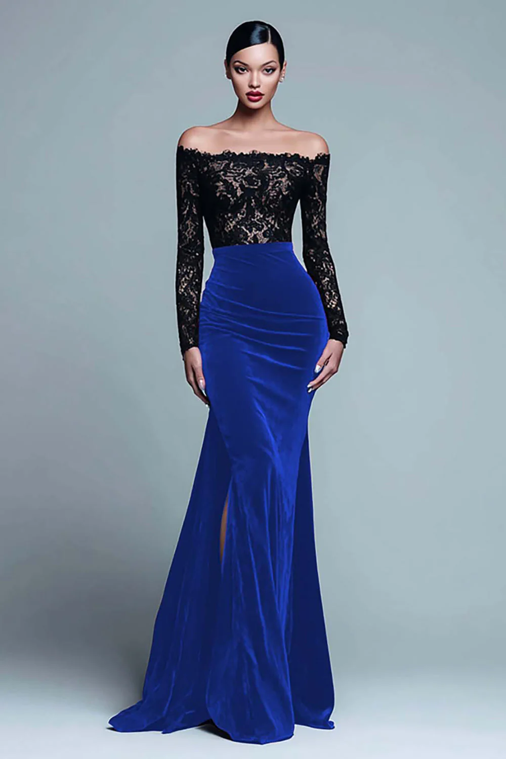 Off The Shoulder Mermaid Lace Velvet Black Tie Dress With Slit - Image 8