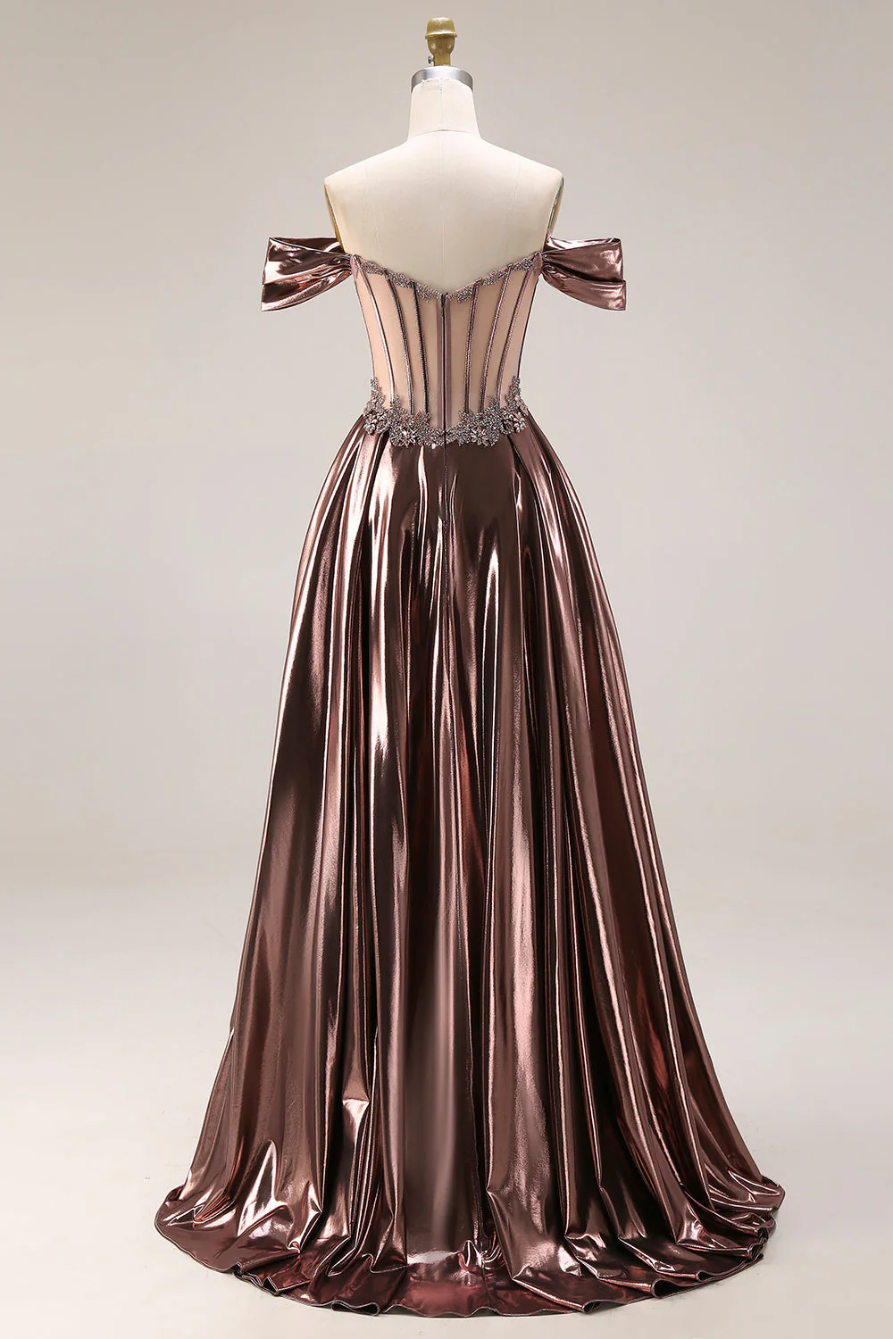Off The Shoulder Metallic Coffee Sheer Boned Corset A-Line Long Prom Dress with Beading - Image 2