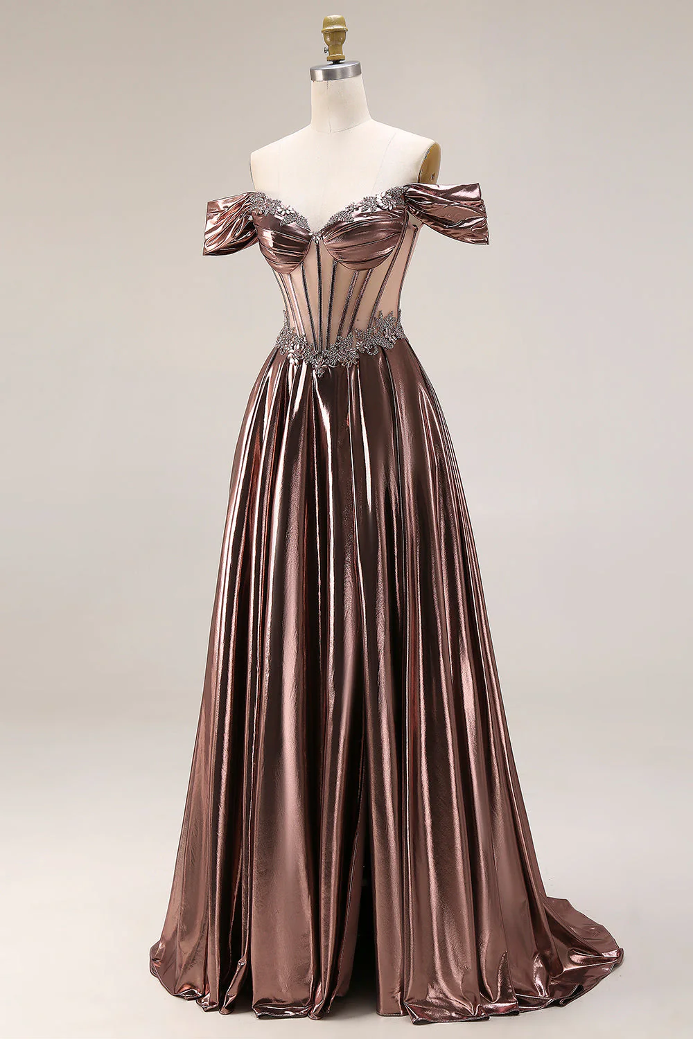 Off The Shoulder Metallic Coffee Sheer Boned Corset A-Line Long Prom Dress with Beading - Image 3