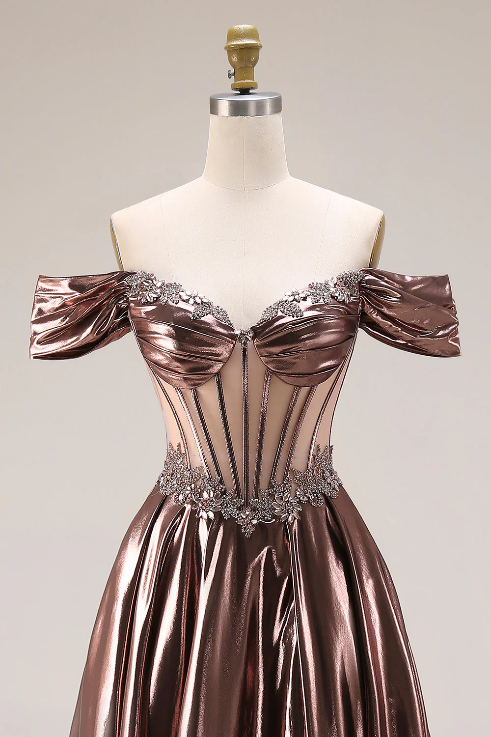 Off The Shoulder Metallic Coffee Sheer Boned Corset A-Line Long Prom Dress with Beading - Image 4