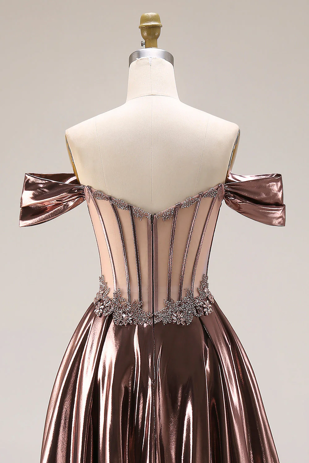 Off The Shoulder Metallic Coffee Sheer Boned Corset A-Line Long Prom Dress with Beading - Image 5