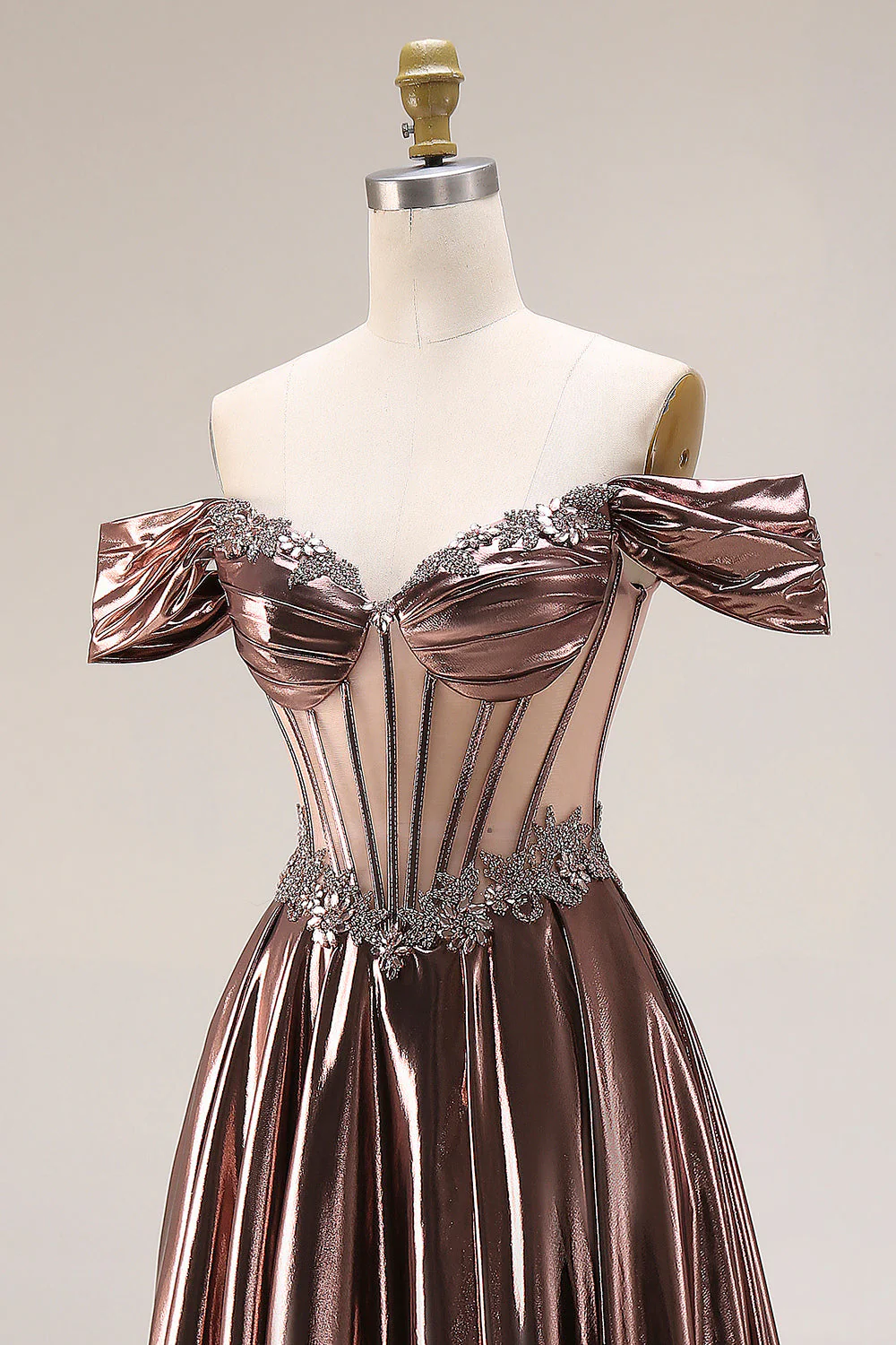 Off The Shoulder Metallic Coffee Sheer Boned Corset A-Line Long Prom Dress with Beading - Image 6