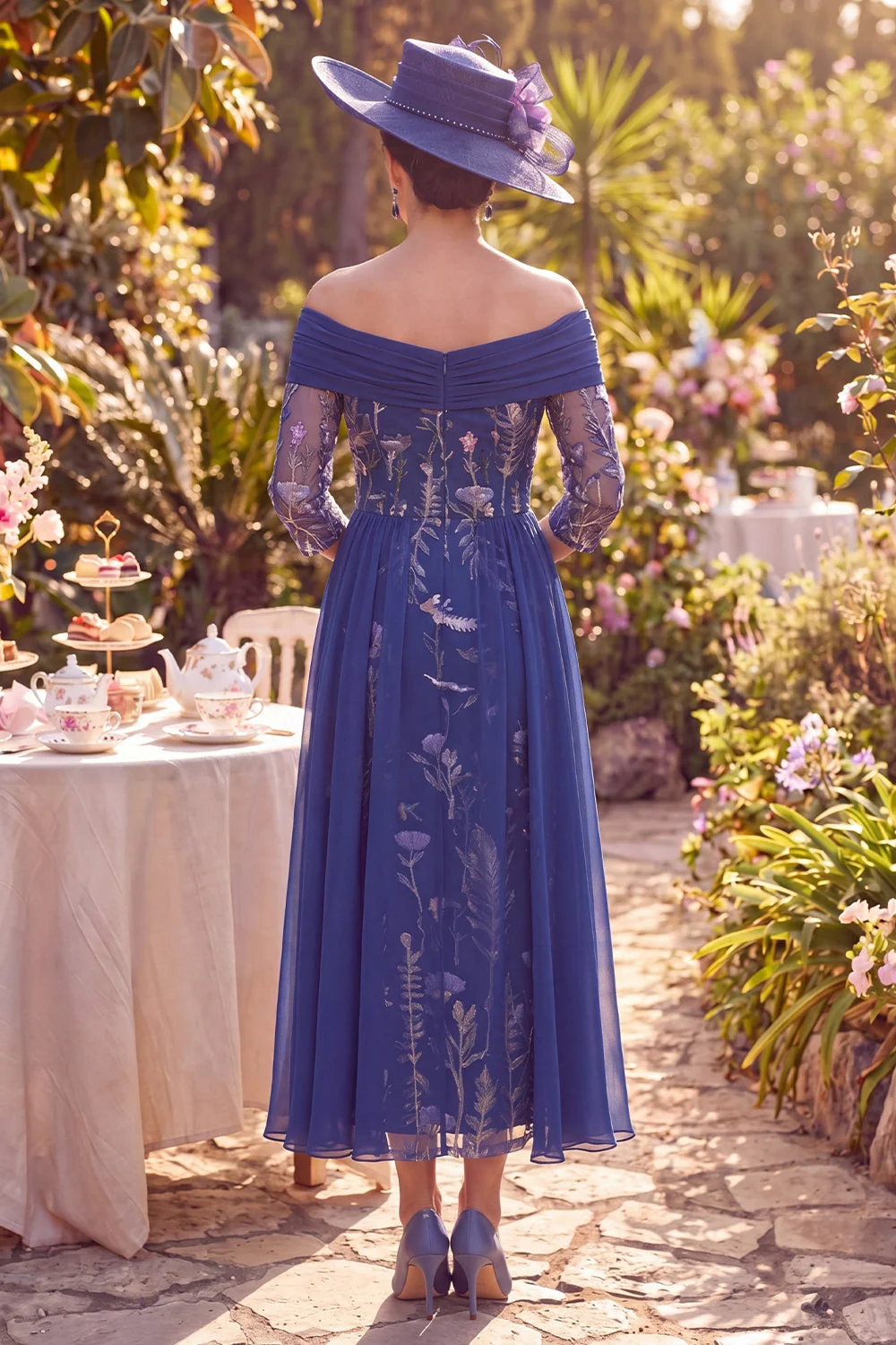Off the Shoulder Navy A-Line Midi Mother of the Bride Dress with 3/4 Sleeves - Image 2
