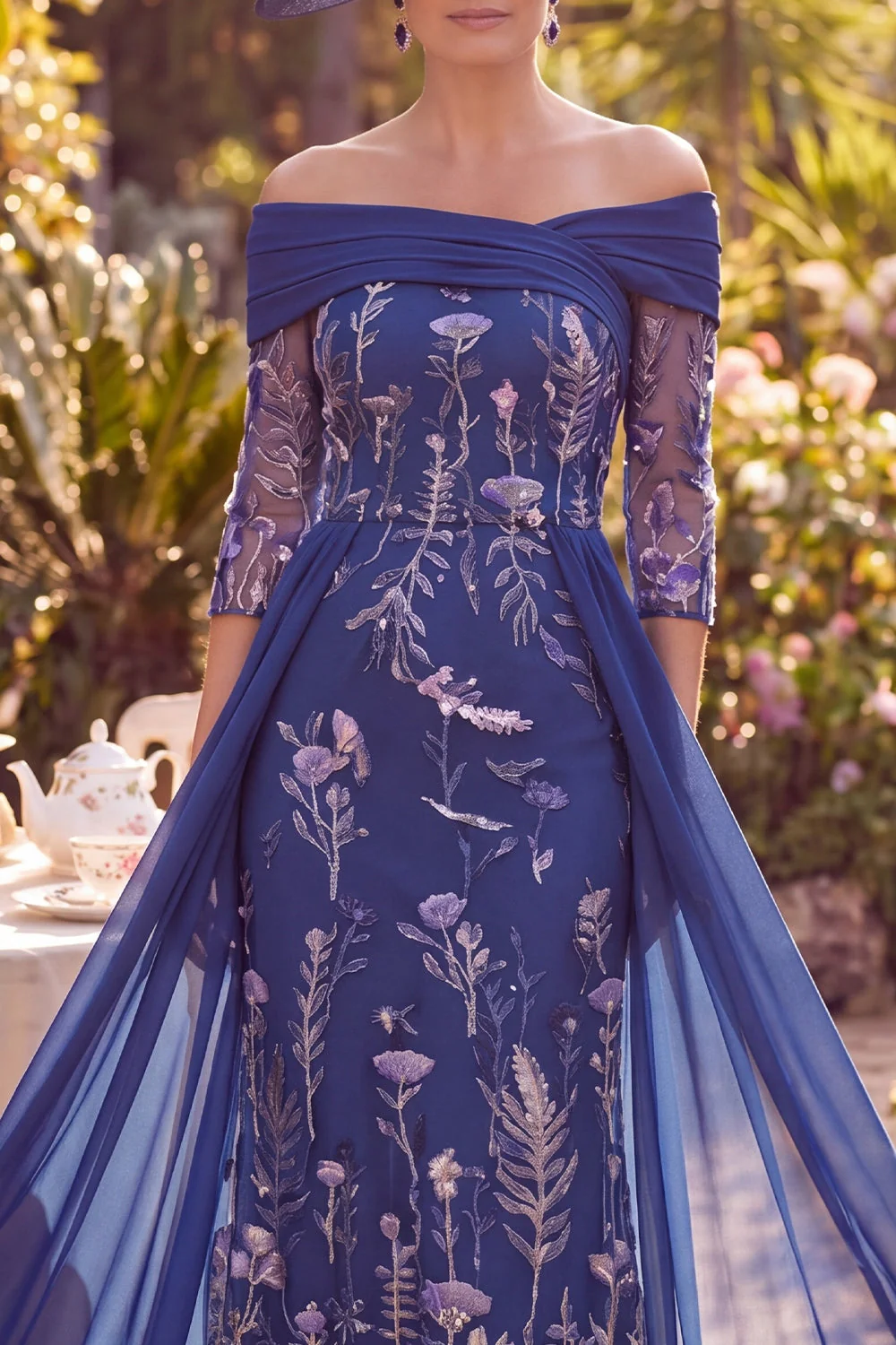 Off the Shoulder Navy A-Line Midi Mother of the Bride Dress with 3/4 Sleeves - Image 3