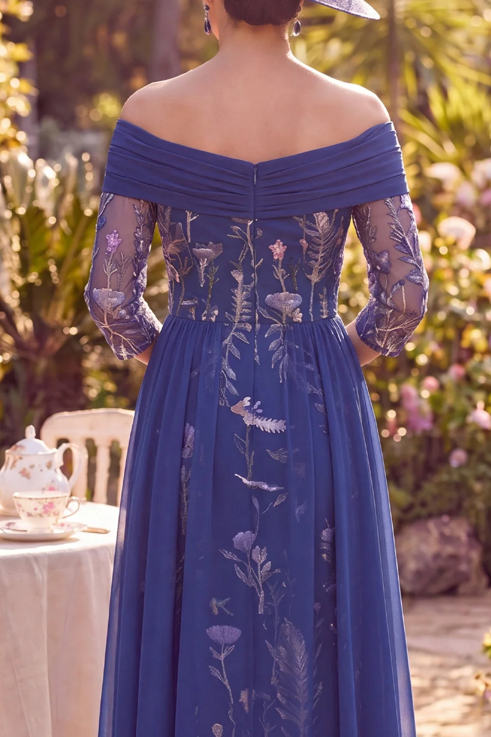 Off the Shoulder Navy A-Line Midi Mother of the Bride Dress with 3/4 Sleeves - Image 4