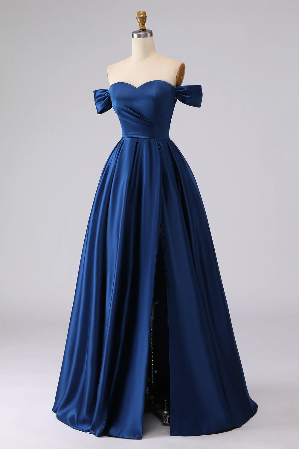 Off the Shoulder Navy Satin A-Line Long Prom Dress with Slit - Image 3