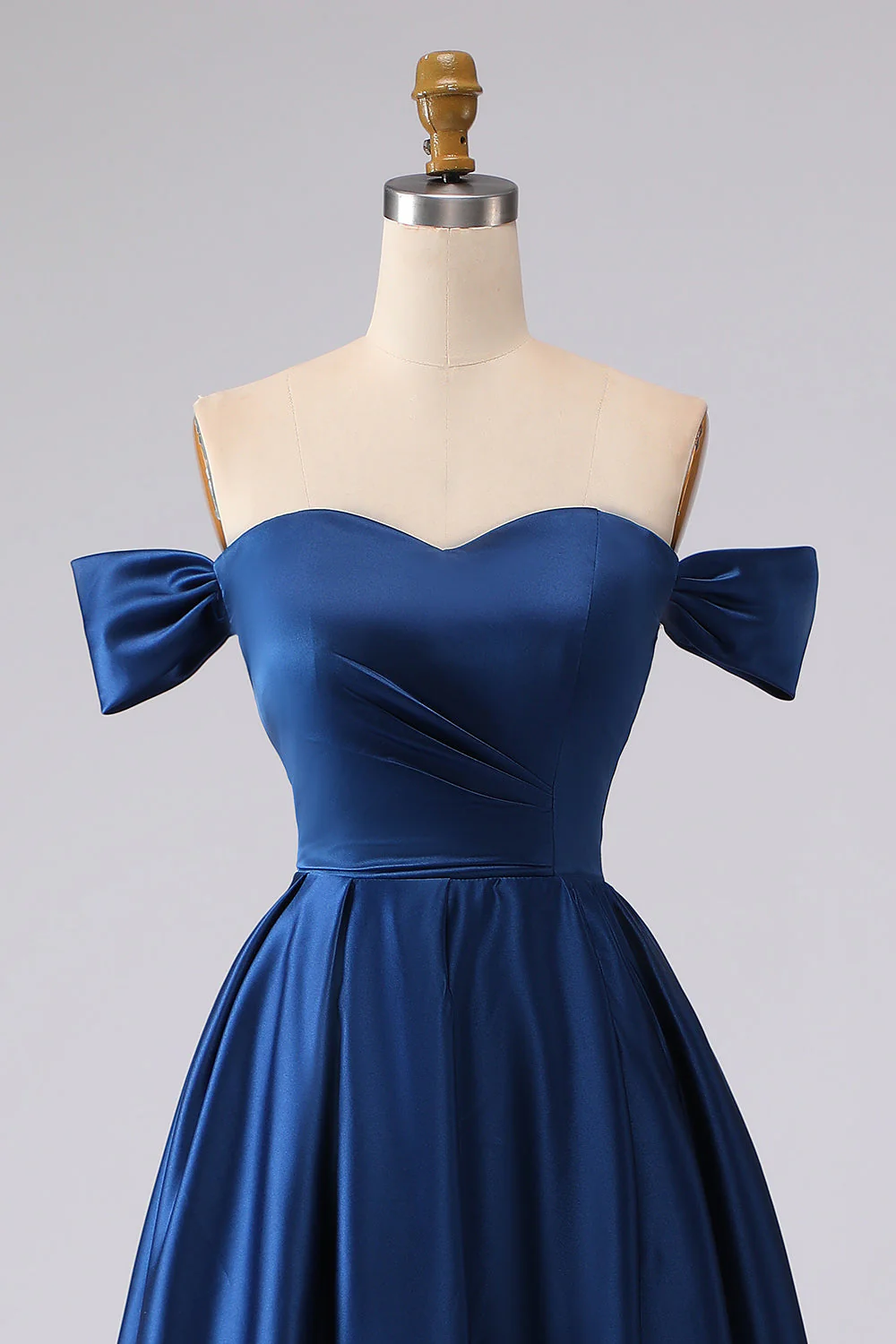 Off the Shoulder Navy Satin A-Line Long Prom Dress with Slit - Image 4