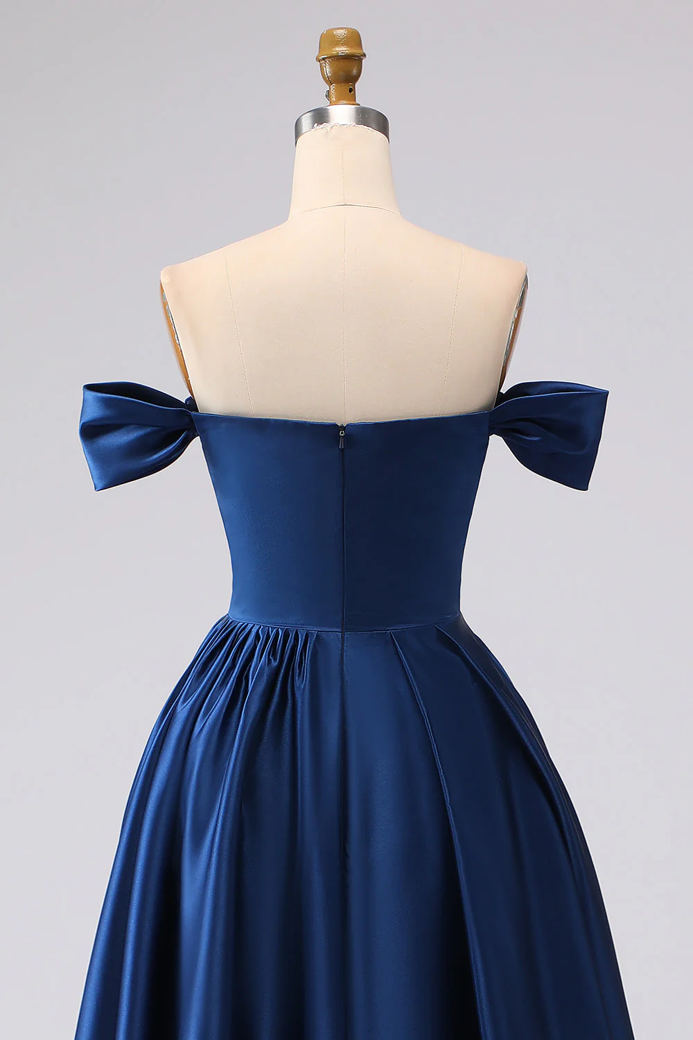 Off the Shoulder Navy Satin A-Line Long Prom Dress with Slit - Image 5