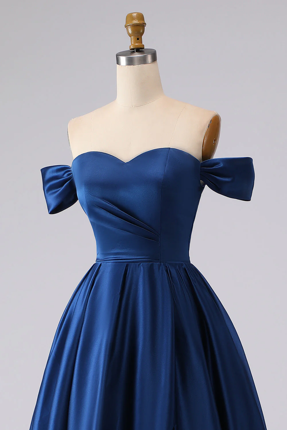 Off the Shoulder Navy Satin A-Line Long Prom Dress with Slit - Image 6