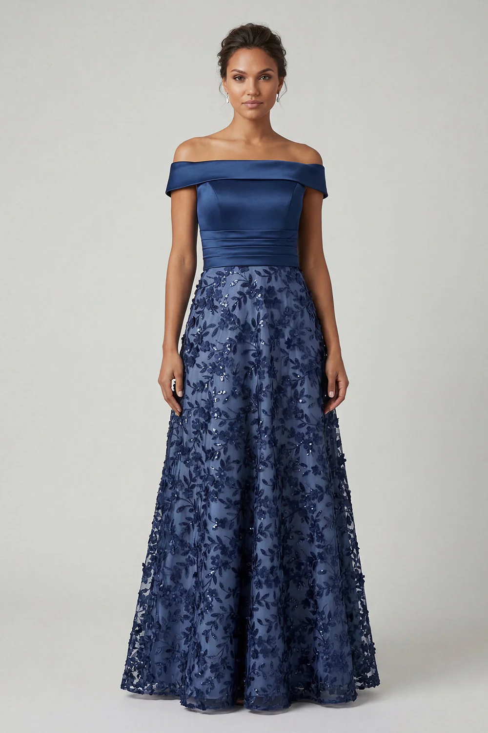 Off The Shoulder Navy Sequins A Line Long Mother of the Bride Dress - Image 3