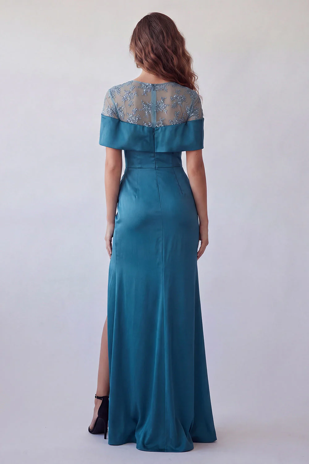 Peacock Blue Mermaid Satin Long Evening Dress with Slit - Image 2