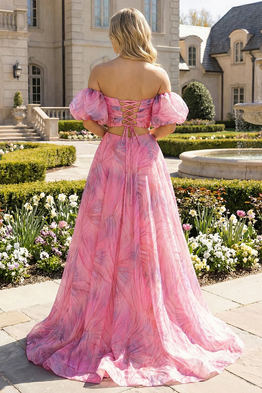 Off The Shoulder Pink Floral A Line Maxi Dress with Slit - Image 2