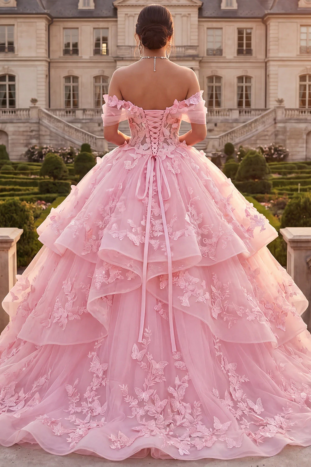 Pink Off The Shoulder Ball Gown Ruffled Quinceanera Dress with 3D Butterflys - Image 2