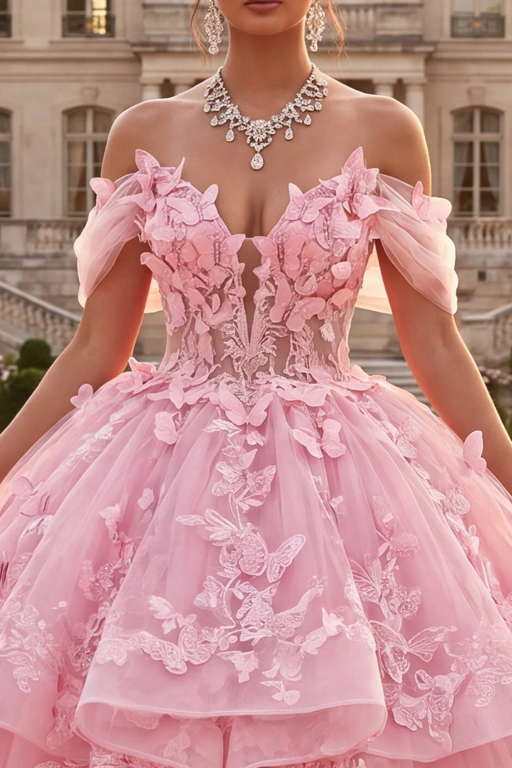 Pink Off The Shoulder Ball Gown Ruffled Quinceanera Dress with 3D Butterflys - Image 3