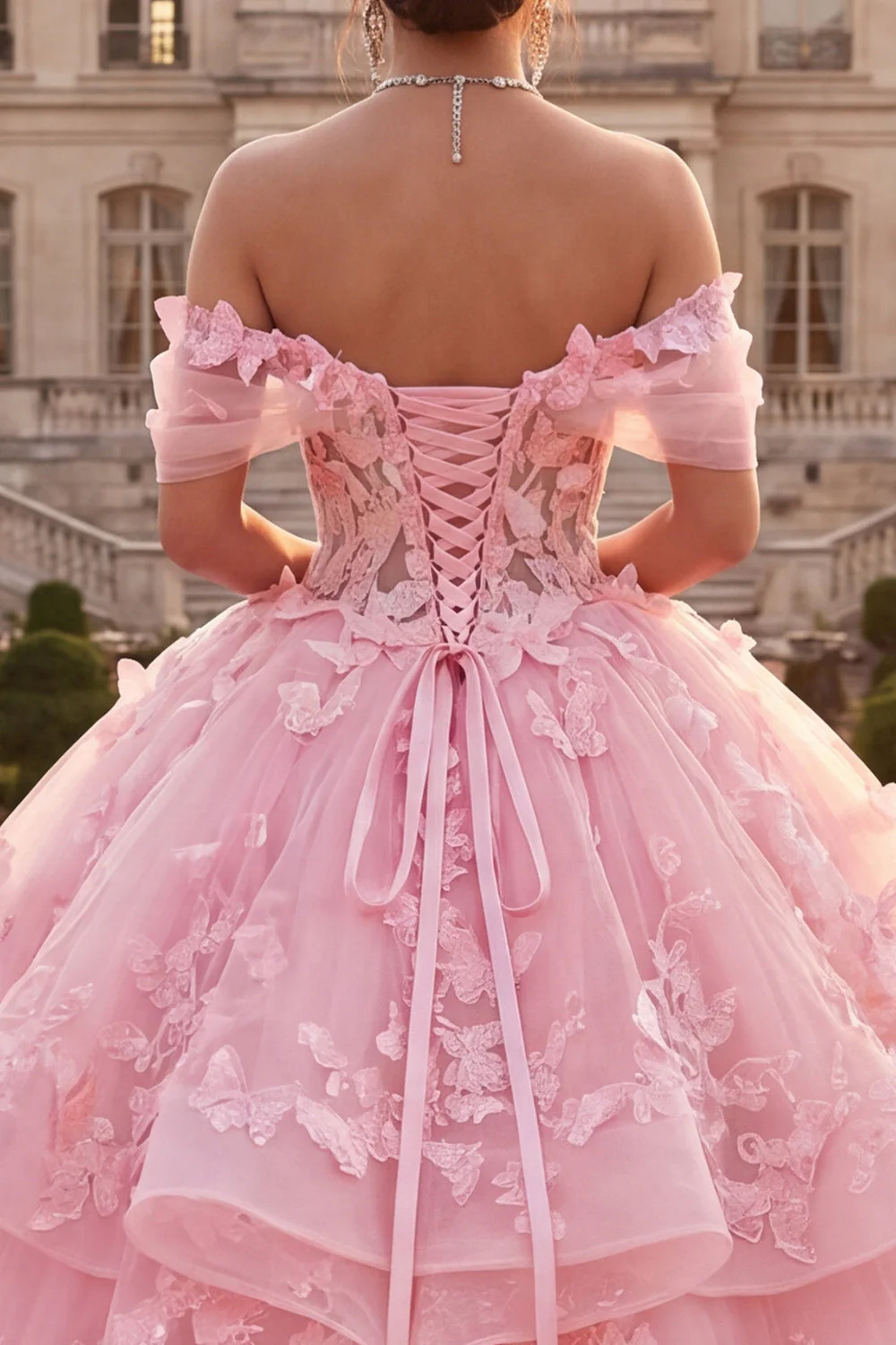 Pink Off The Shoulder Ball Gown Ruffled Quinceanera Dress with 3D Butterflys - Image 4