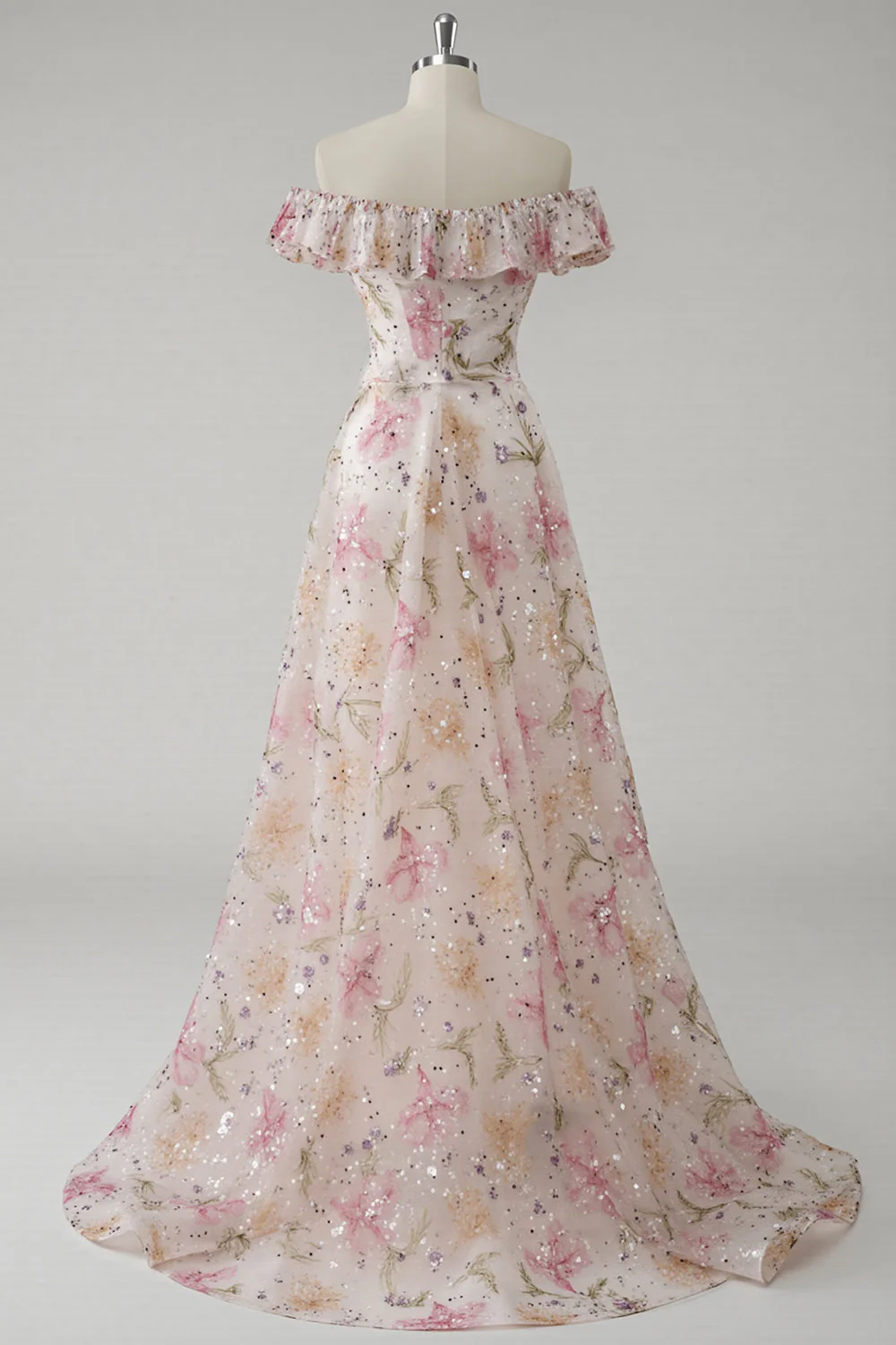 Off The Shoulder Pink Long Floral Prom Dress With Sequins - Image 2