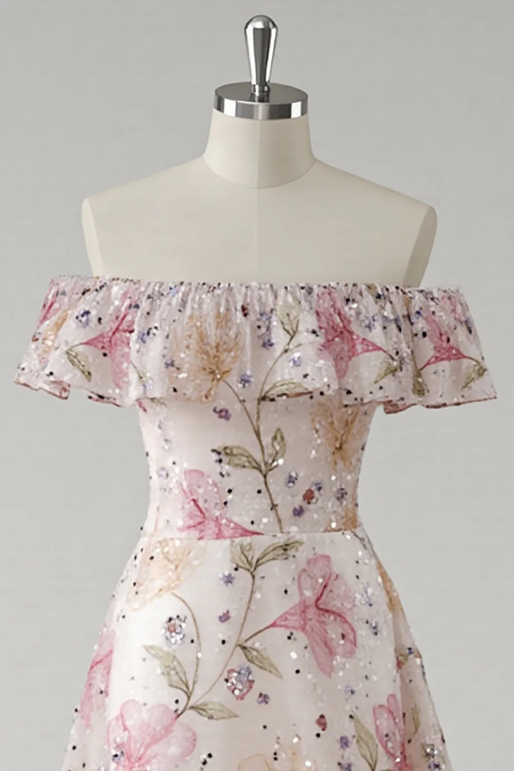Off The Shoulder Pink Long Floral Prom Dress With Sequins - Image 3