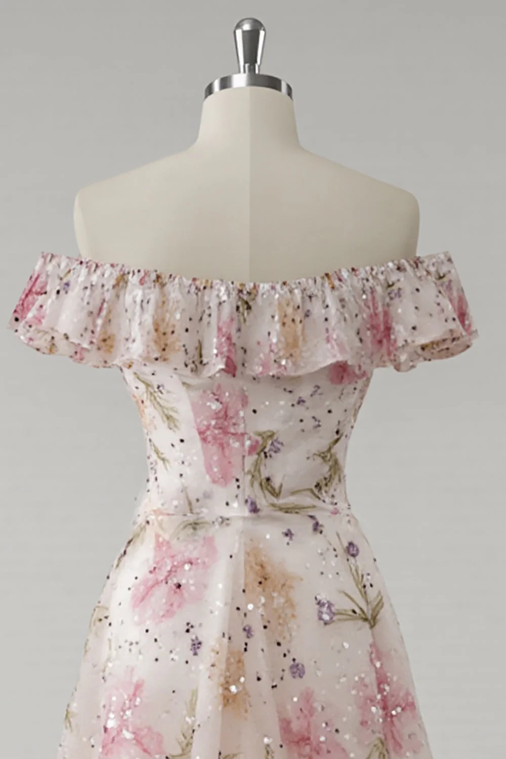 Off The Shoulder Pink Long Floral Prom Dress With Sequins - Image 4