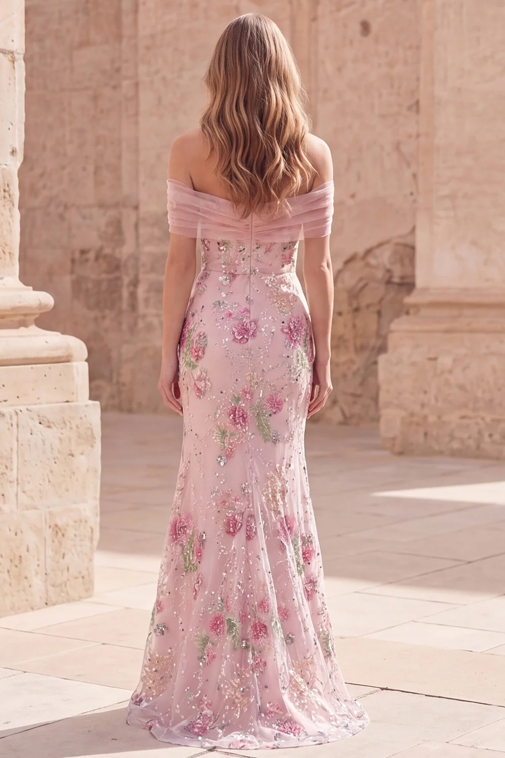 Off the Shoulder Pink Mermaid Sequin Long Prom Dress - Image 2