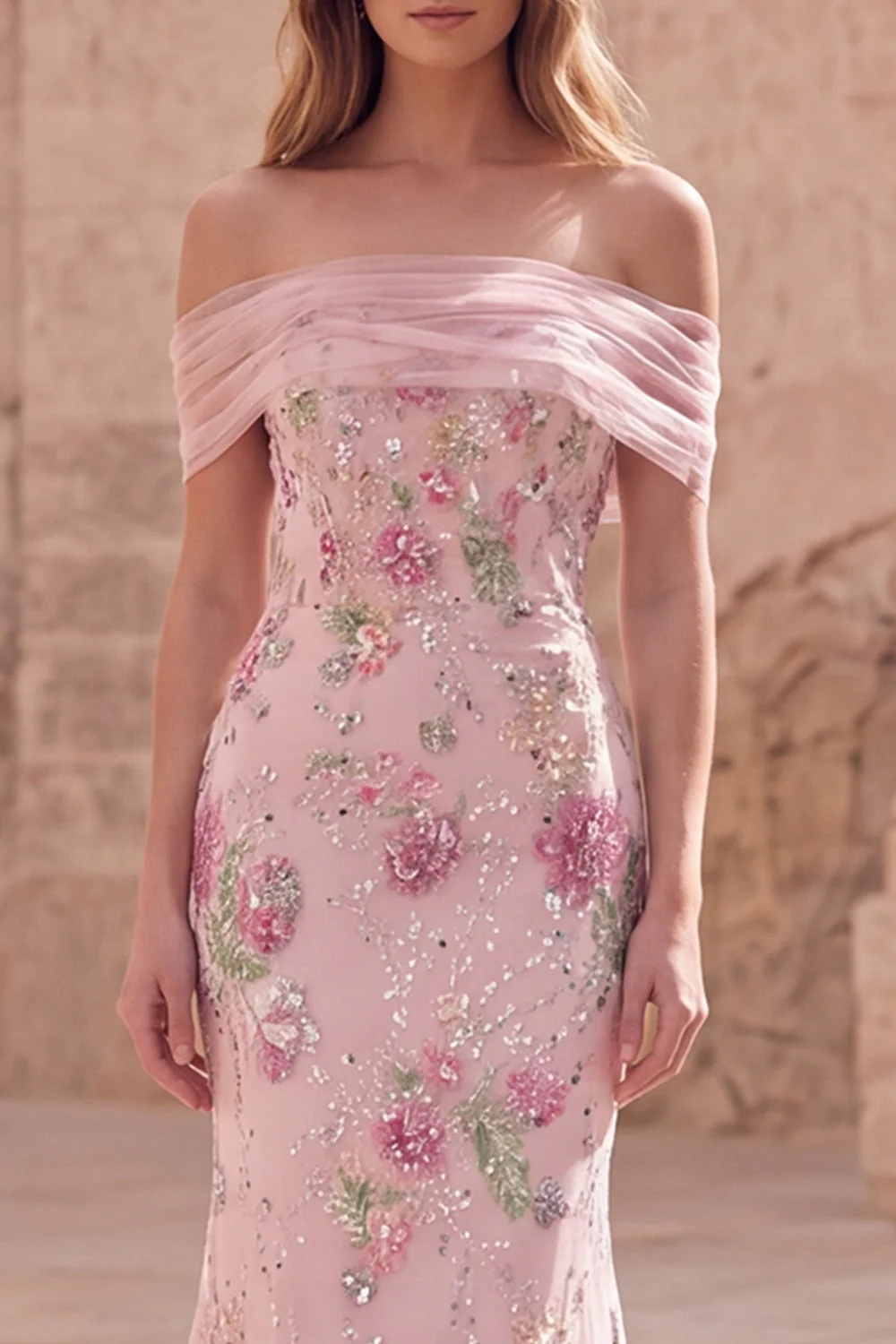 Off the Shoulder Pink Mermaid Sequin Long Prom Dress - Image 3