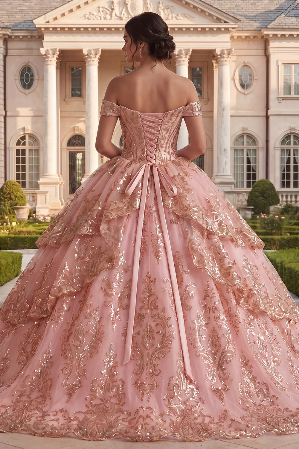 Off the Shoulder Pink Ruffled Ball Gown Quinceanera Dress with Sequins - Image 2