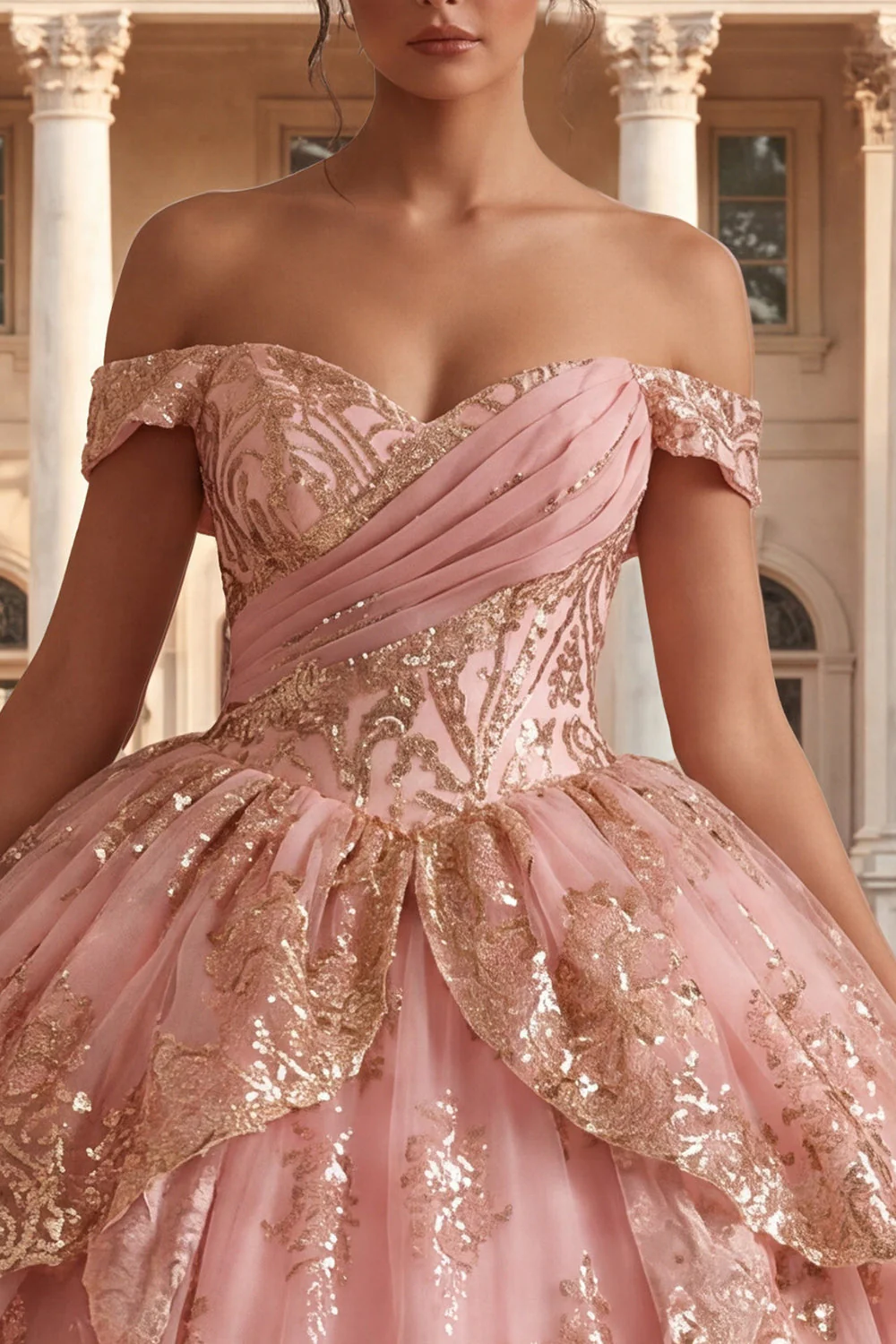 Off the Shoulder Pink Ruffled Ball Gown Quinceanera Dress with Sequins - Image 3